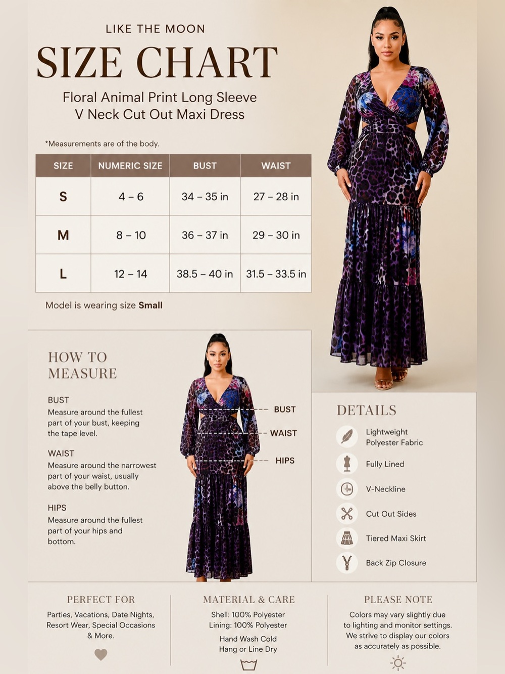 Floral Animal Print Long Sleeve V Neck Cut Out Maxi Dress - Picture 6 of 12
